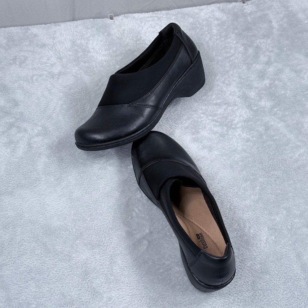 Clarks Channing Enna Slip On Loafers Shoes Womens 9.5W Wide Black Leather Wedge